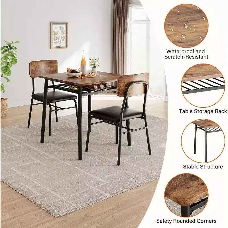 3-Piece Dining Set for 2 with Storage Rack  Metal Frame Square Table & Upholstered Chairs, Space-Saving Apartment Kitchen Set