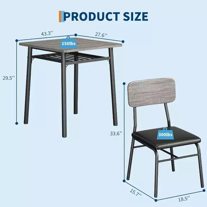 3-Piece Dining Set for 2 with Storage Rack  Metal Frame Square Table & Upholstered Chairs, Space-Saving Apartment Kitchen Set