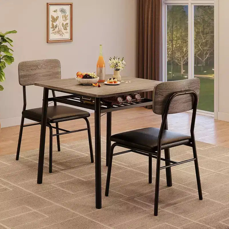 3-Piece Dining Set for 2 with Storage Rack  Metal Frame Square Table & Upholstered Chairs, Space-Saving Apartment Kitchen Set