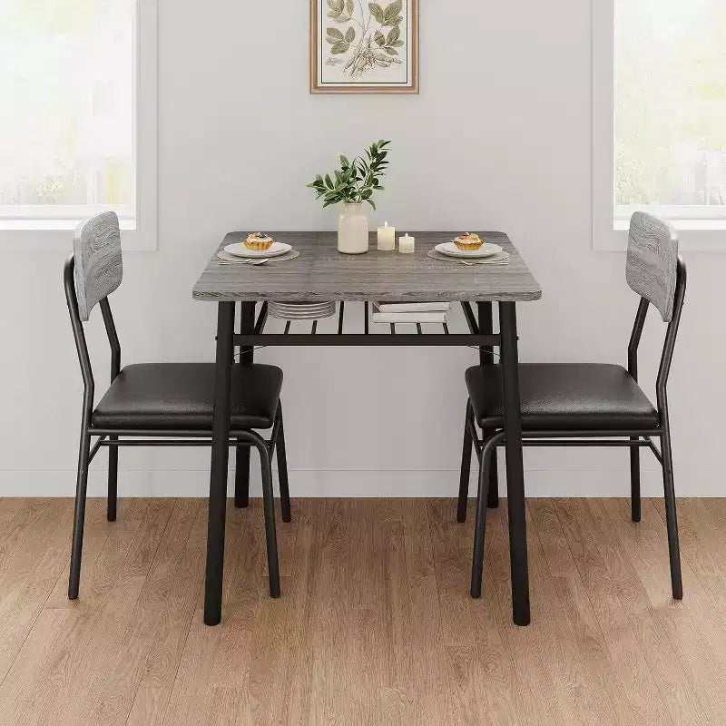 3-Piece Dining Set for 2 with Storage Rack  Metal Frame Square Table & Upholstered Chairs, Space-Saving Apartment Kitchen Set