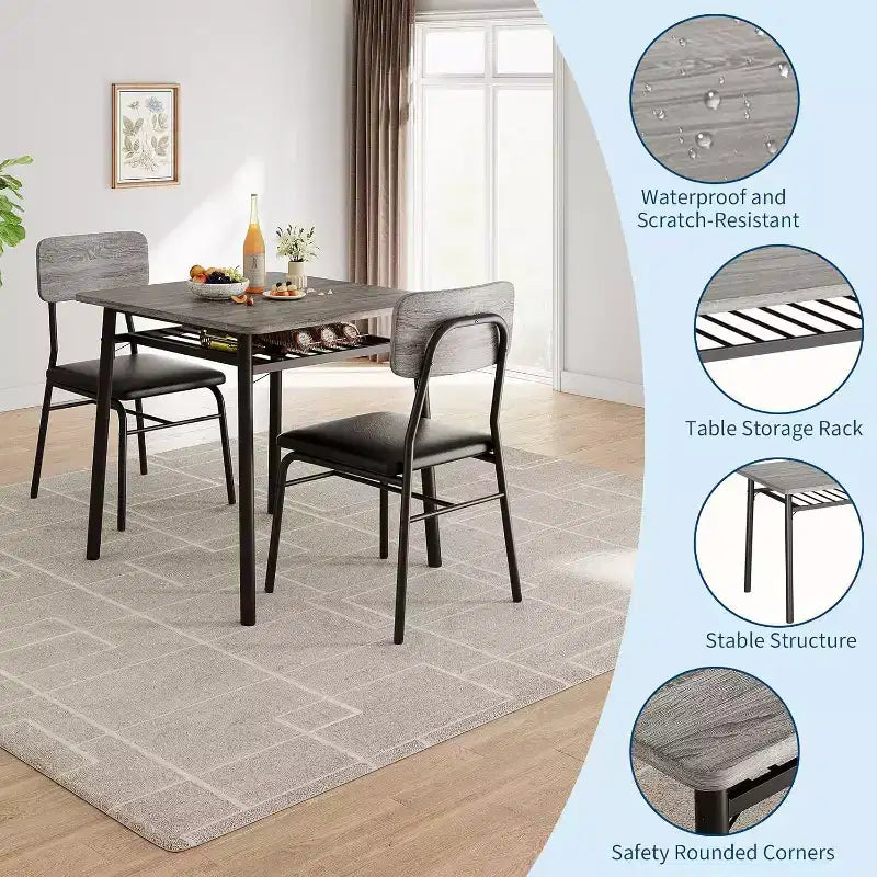 3-Piece Dining Set for 2 with Storage Rack  Metal Frame Square Table & Upholstered Chairs, Space-Saving Apartment Kitchen Set