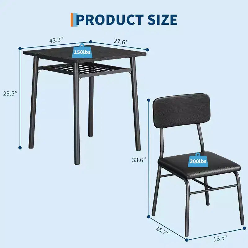 3-Piece Dining Set for 2 with Storage Rack  Metal Frame Square Table & Upholstered Chairs, Space-Saving Apartment Kitchen Set