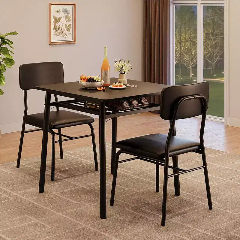 3-Piece Dining Set for 2 with Storage Rack  Metal Frame Square Table & Upholstered Chairs, Space-Saving Apartment Kitchen Set