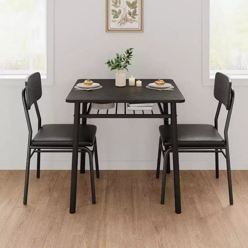 3-Piece Dining Set for 2 with Storage Rack  Metal Frame Square Table & Upholstered Chairs, Space-Saving Apartment Kitchen Set
