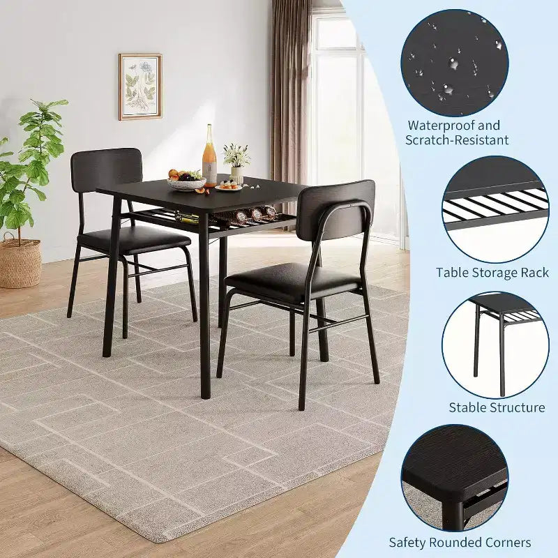 3-Piece Dining Set for 2 with Storage Rack  Metal Frame Square Table & Upholstered Chairs, Space-Saving Apartment Kitchen Set