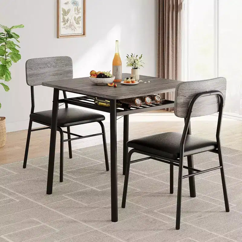 3-Piece Dining Set for 2 with Storage Rack  Metal Frame Square Table & Upholstered Chairs, Space-Saving Apartment Kitchen Set