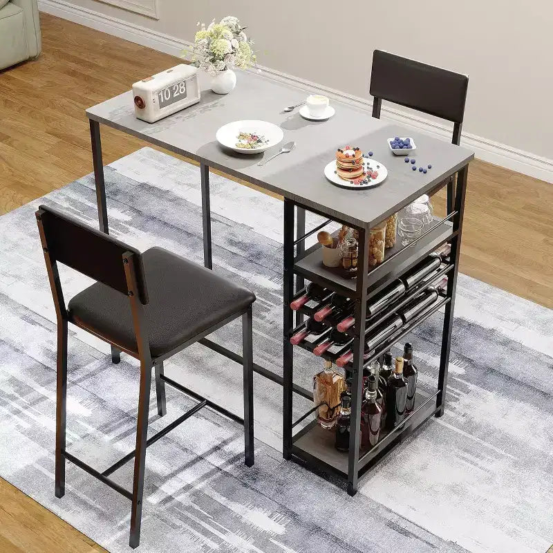 Counter-Height Dining Set for 2 with Storage Shelves  Bistro Table & Upholstered Chairs, Space-Saving Kitchen Set for Apartments