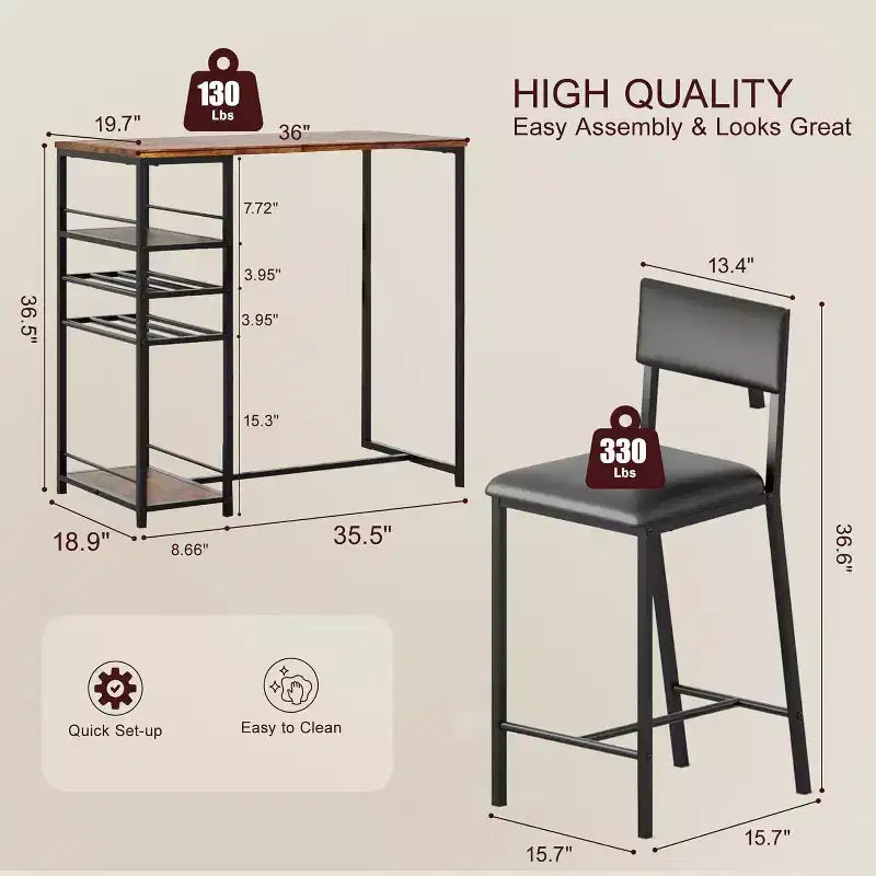 Counter-Height Dining Set for 2 with Storage Shelves  Bistro Table & Upholstered Chairs, Space-Saving Kitchen Set for Apartments