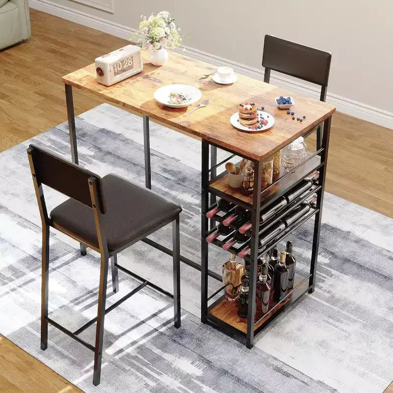 Counter-Height Dining Set for 2 with Storage Shelves  Bistro Table & Upholstered Chairs, Space-Saving Kitchen Set for Apartments