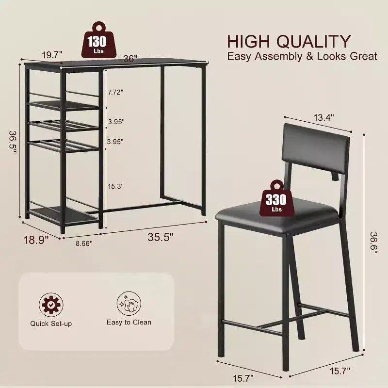 Counter-Height Dining Set for 2 with Storage Shelves  Bistro Table & Upholstered Chairs, Space-Saving Kitchen Set for Apartments