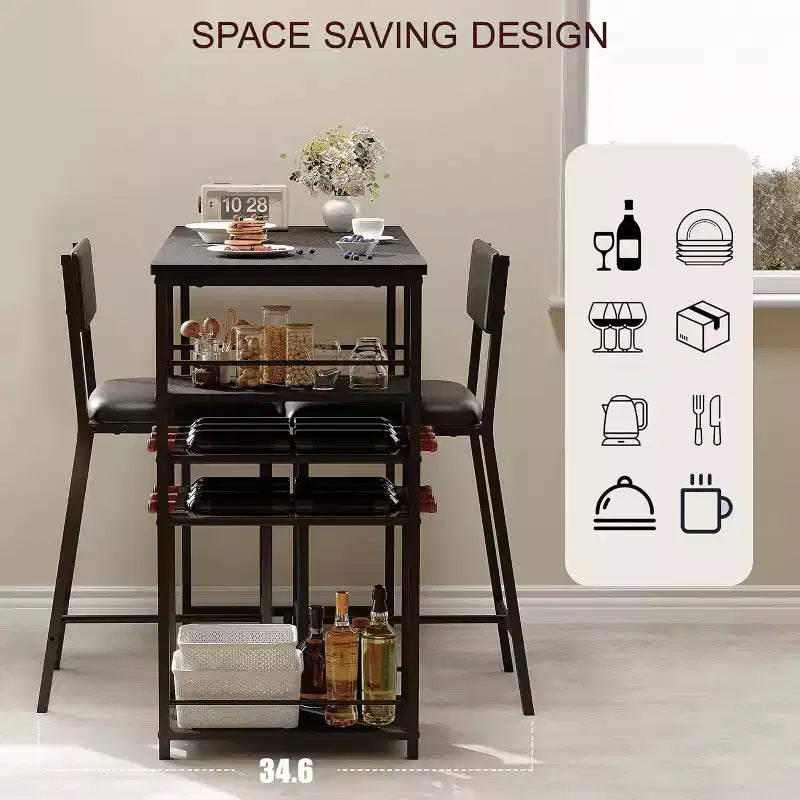Counter-Height Dining Set for 2 with Storage Shelves  Bistro Table & Upholstered Chairs, Space-Saving Kitchen Set for Apartments