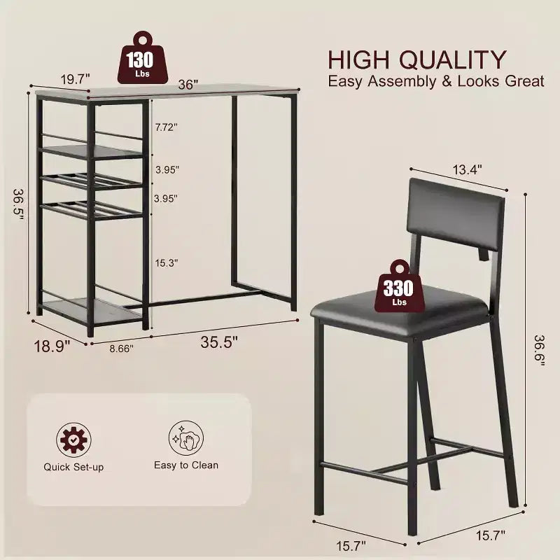 Counter-Height Dining Set for 2 with Storage Shelves  Bistro Table & Upholstered Chairs, Space-Saving Kitchen Set for Apartments