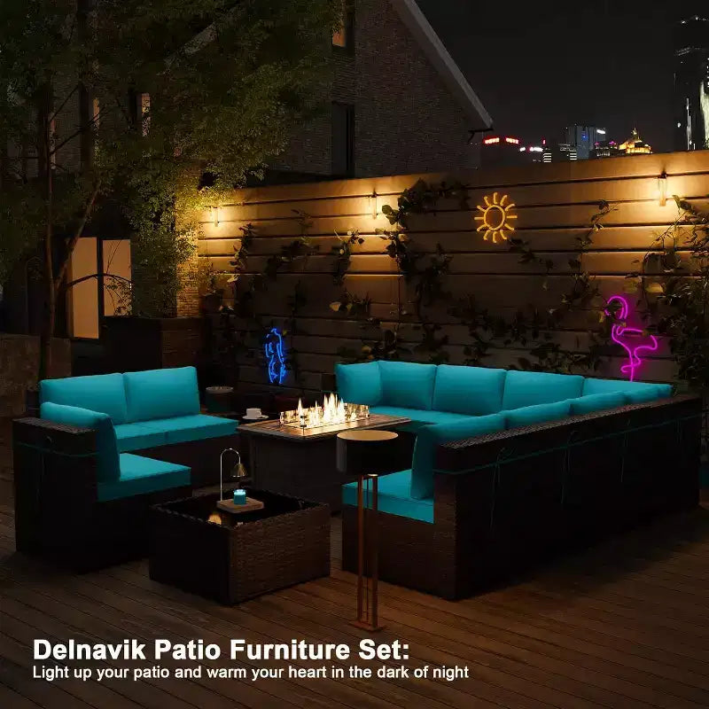 ALAULM 13-delige tuinmeubelset, loungesets van rotanvlechtwerk voor buiten, tuinbankstel met propaangasvuurtafel van 43 inch