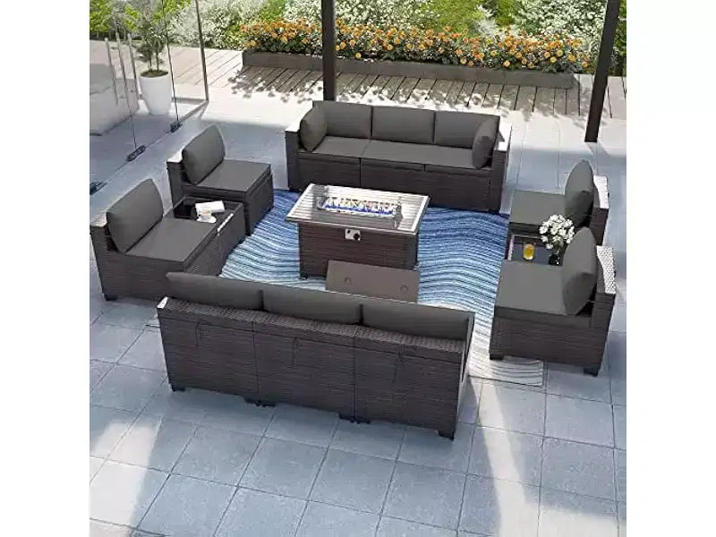 ALAULM 13-delige tuinmeubelset, loungesets van rotanvlechtwerk voor buiten, tuinbankstel met propaangasvuurtafel van 43 inch