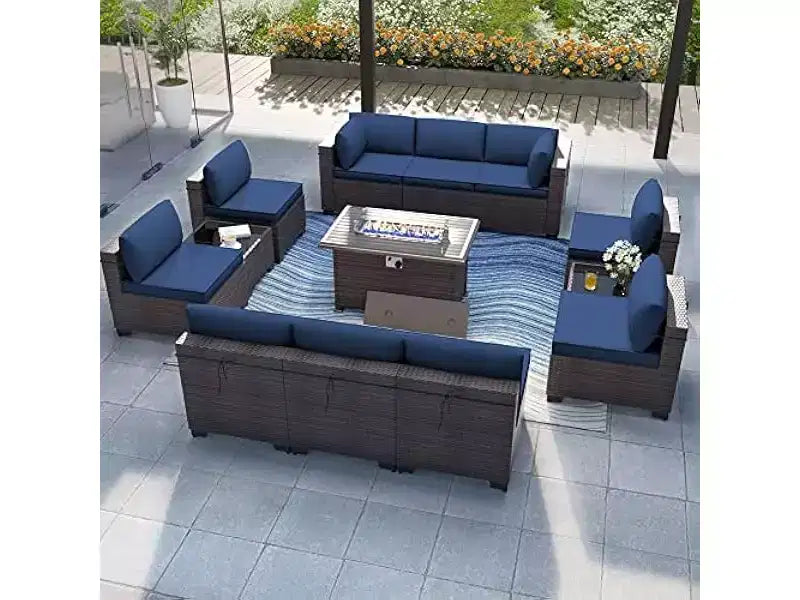 ALAULM 13-delige tuinmeubelset, loungesets van rotanvlechtwerk voor buiten, tuinbankstel met propaangasvuurtafel van 43 inch