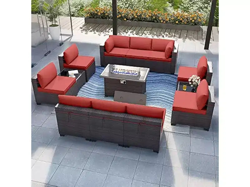 ALAULM 13-delige tuinmeubelset, loungesets van rotanvlechtwerk voor buiten, tuinbankstel met propaangasvuurtafel van 43 inch