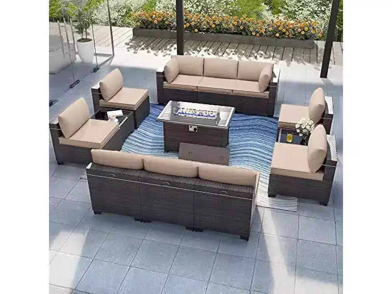 ALAULM 13-delige tuinmeubelset, loungesets van rotanvlechtwerk voor buiten, tuinbankstel met propaangasvuurtafel van 43 inch