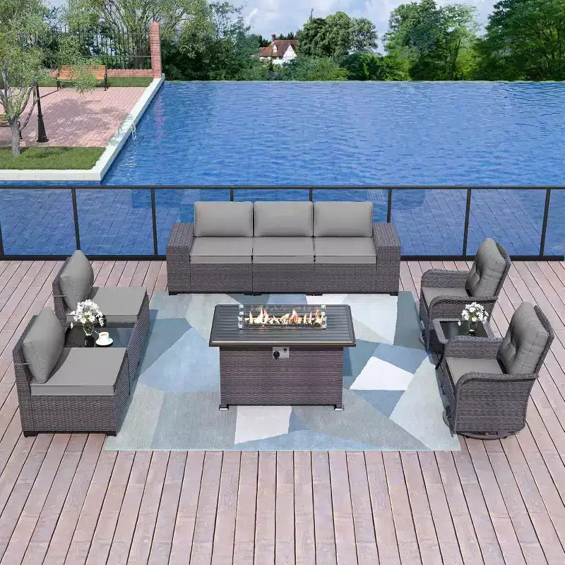 ALAULM 10-delige tuinmeubelset, loungeset voor buiten van rotan en vlechtwerk met propaanvuurtafel van 43, draaibare schommelstoelen