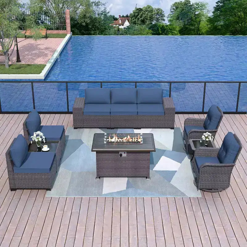 ALAULM 10-delige tuinmeubelset, loungeset voor buiten van rotan en vlechtwerk met propaanvuurtafel van 43, draaibare schommelstoelen