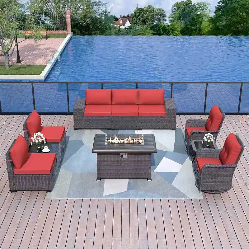 ALAULM 10-delige tuinmeubelset, loungeset voor buiten van rotan en vlechtwerk met propaanvuurtafel van 43, draaibare schommelstoelen