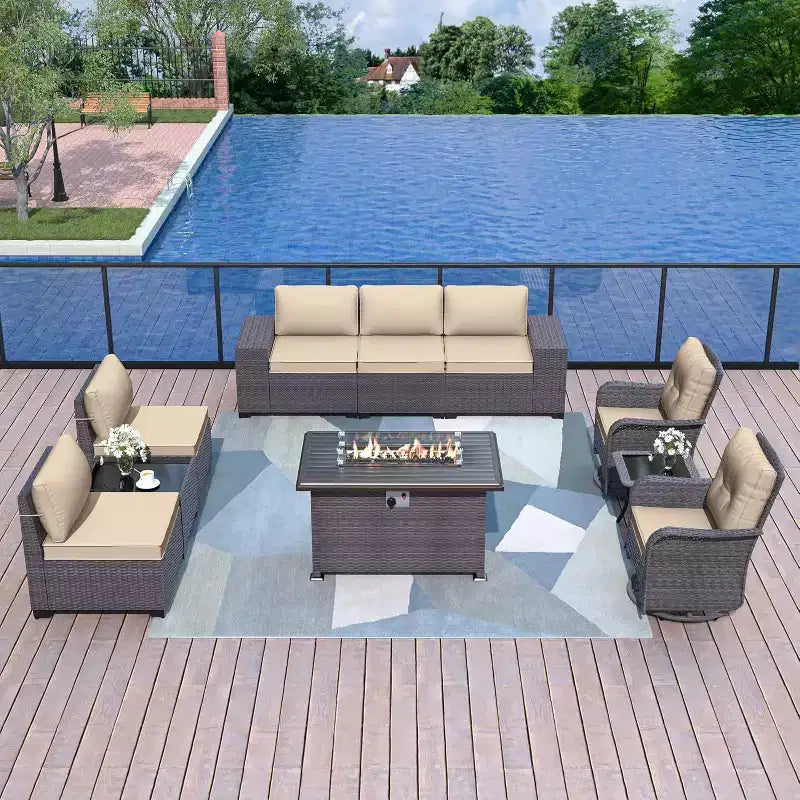 ALAULM 10-delige tuinmeubelset, loungeset voor buiten van rotan en vlechtwerk met propaanvuurtafel van 43, draaibare schommelstoelen