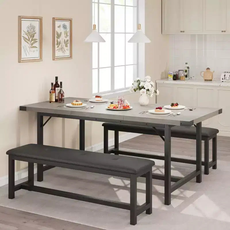 3-delige eettafelset, uitschuifbare keukentafel met 2 banken, houten eetkamerset voor 4-6 personen, ruimtebesparende eethoek voor huis of appartement