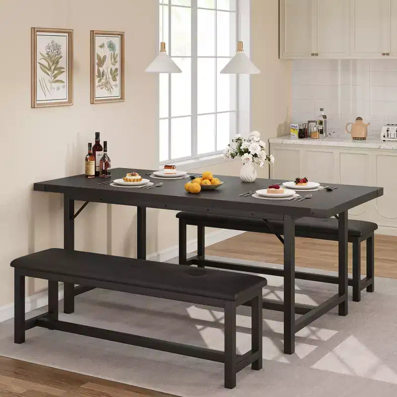 3-delige eettafelset, uitschuifbare keukentafel met 2 banken, houten eetkamerset voor 4-6 personen, ruimtebesparende eethoek voor huis of appartement