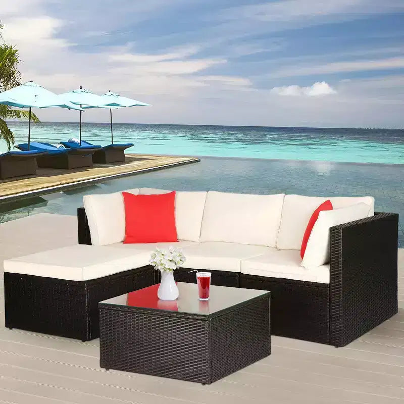 BestMassage 5-delige rotan tuinmeubelset, modulaire loungeset en loungeset voor buiten, kaki