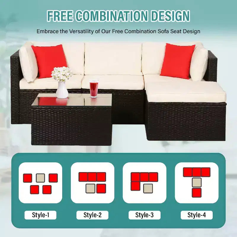 BestMassage 5-delige rotan tuinmeubelset, modulaire loungeset en loungeset voor buiten, kaki