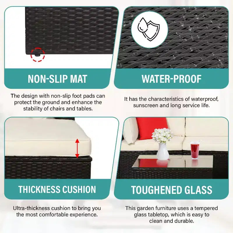 BestMassage 5-delige rotan tuinmeubelset, modulaire loungeset en loungeset voor buiten, kaki