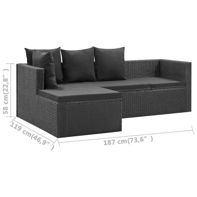 vidaXL grote tuinset met bank, zwart PE-rattan, gepoedercoat staal en glas