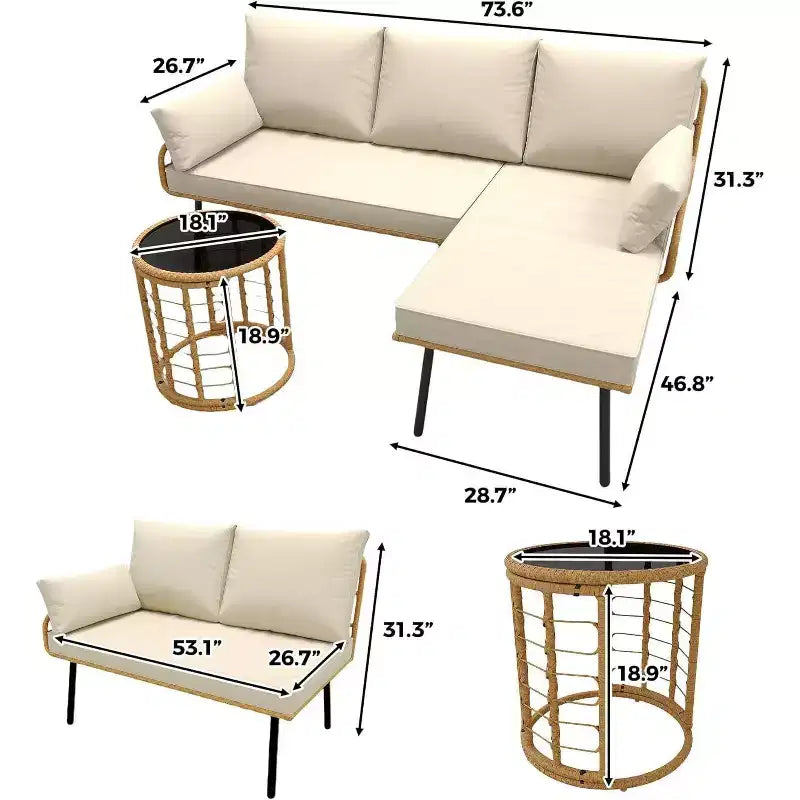 Acekool 3-delige terrasset van beige rotan met L-vormige hoekbank, chaise longue, dikke kussens en geharde glazen salontafel voor terras, zwembad, achtertuin of veranda