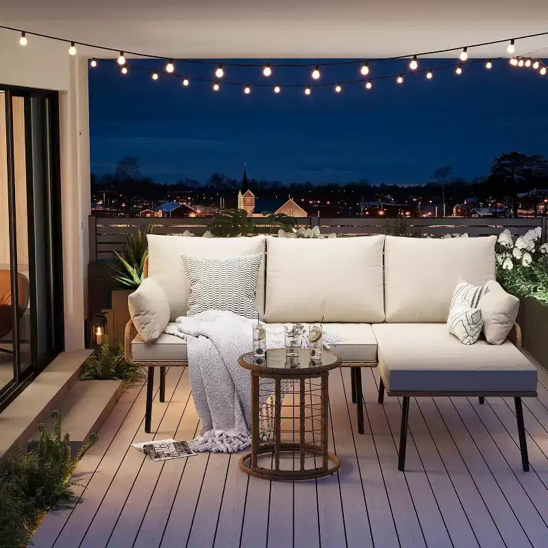 Acekool 3-delige terrasset van beige rotan met L-vormige hoekbank, chaise longue, dikke kussens en geharde glazen salontafel voor terras, zwembad, achtertuin of veranda