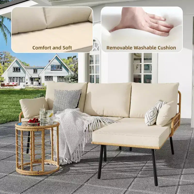 Acekool 3-delige terrasset van beige rotan met L-vormige hoekbank, chaise longue, dikke kussens en geharde glazen salontafel voor terras, zwembad, achtertuin of veranda