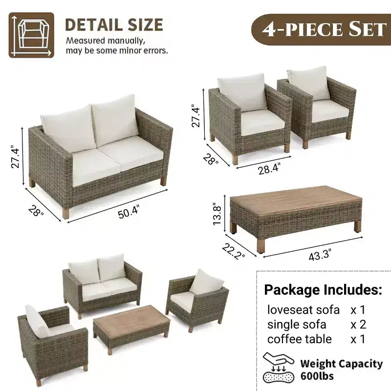 4-delige loungeset voor het terras met kussens en salontafel