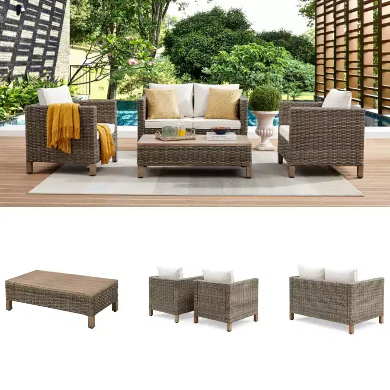 4-delige loungeset voor het terras met kussens en salontafel