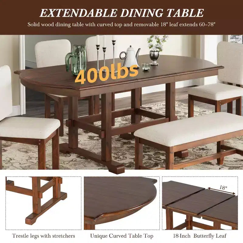 ModernLuxe 6 Piece Extendable Dining Table Set for 6, Traditional Dining Set Kitchen Table Set with 4 Upholstered Dining Chair & Bench, Espresso+Beige