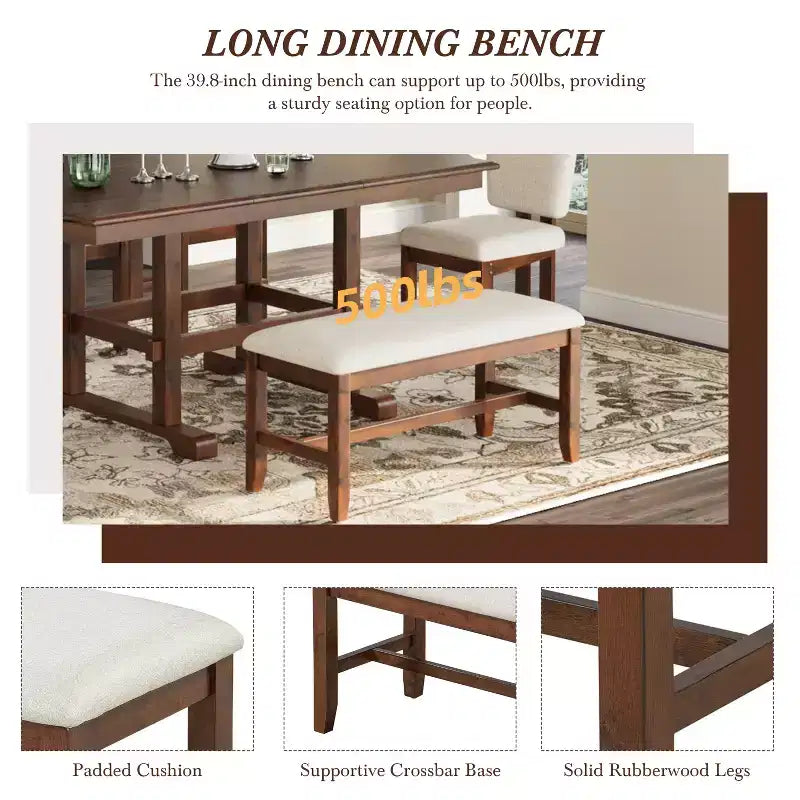 ModernLuxe 6 Piece Extendable Dining Table Set for 6, Traditional Dining Set Kitchen Table Set with 4 Upholstered Dining Chair & Bench, Espresso+Beige