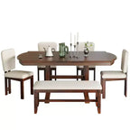 ModernLuxe 6 Piece Extendable Dining Table Set for 6, Traditional Dining Set Kitchen Table Set with 4 Upholstered Dining Chair & Bench, Espresso+Beige