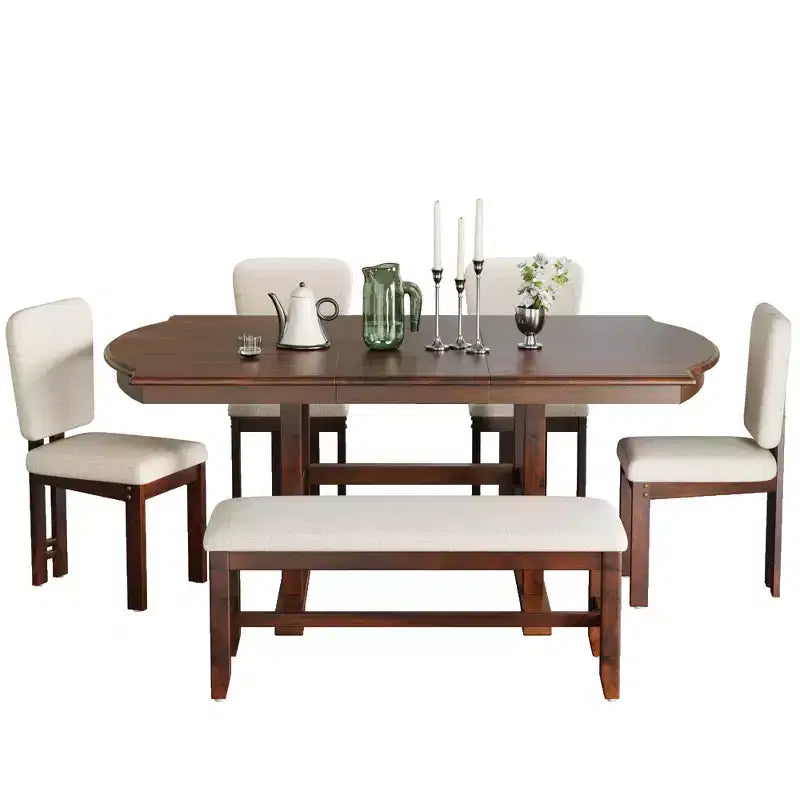 ModernLuxe 6 Piece Extendable Dining Table Set for 6, Traditional Dining Set Kitchen Table Set with 4 Upholstered Dining Chair & Bench, Espresso+Beige