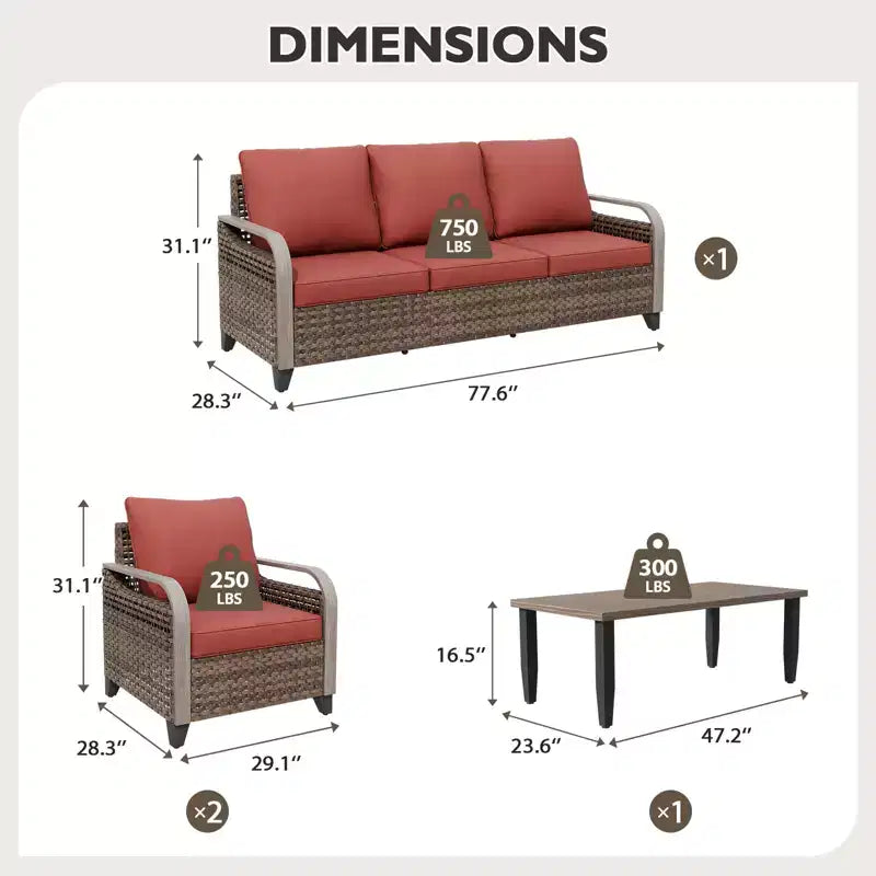EAGLE PEAK loungeset voor buiten van wicker, 2 stoelen, 3-zits loveseat en salontafel, 4-delig