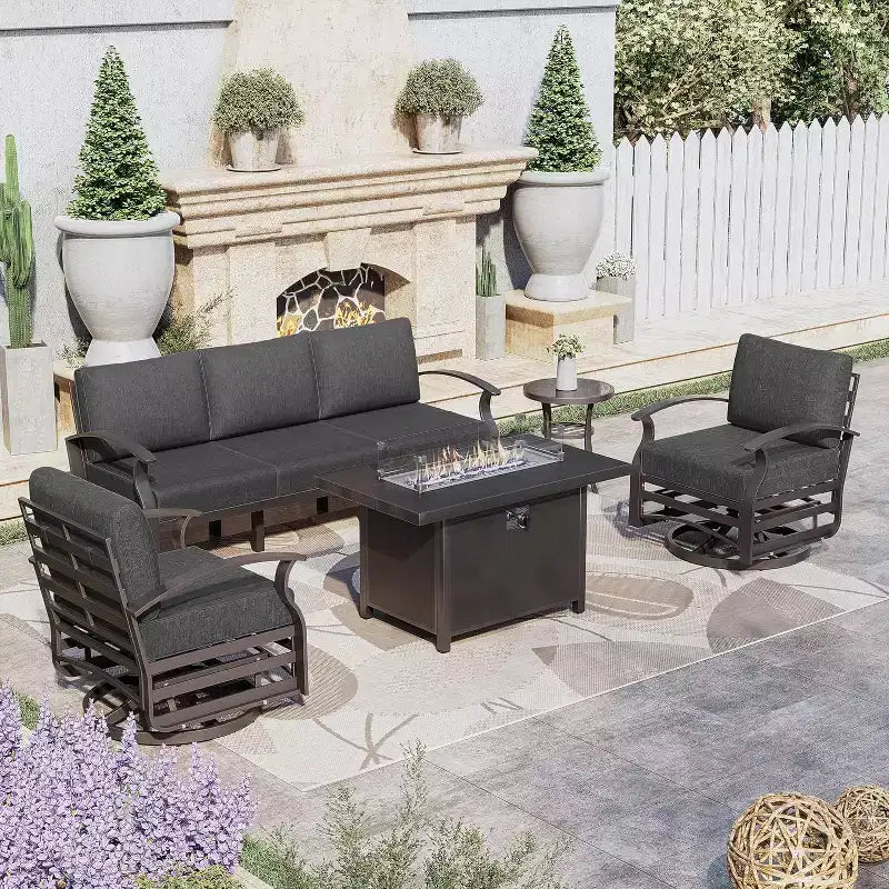ALAULM Aluminum Patio Furniture Set, Modern Metal Outdoor Conversation Sets w/45Propane Fire Pit Table, Swivel Rocking Chairs