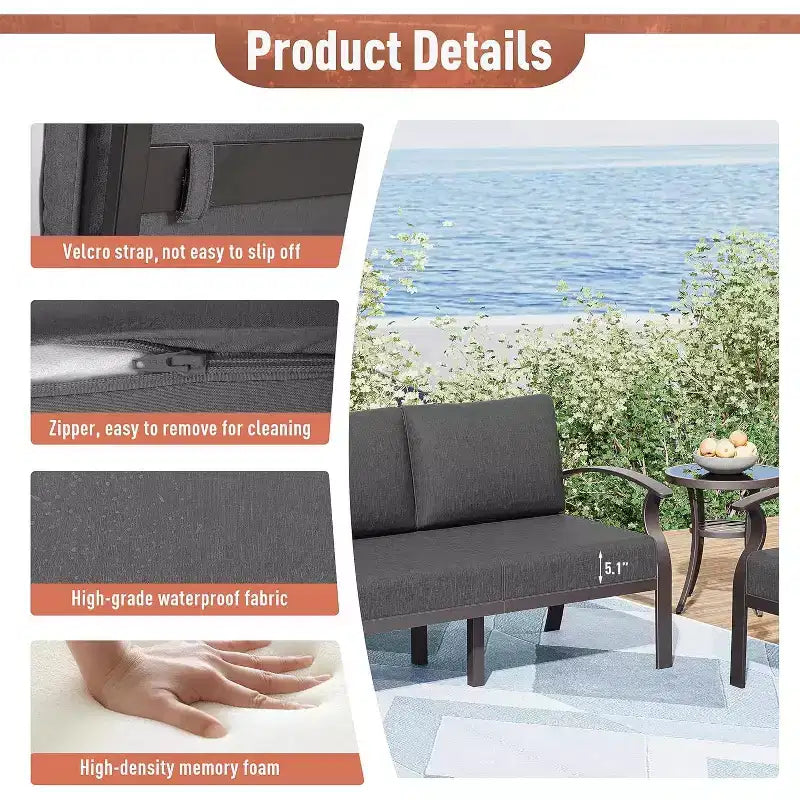 ALAULM aluminium terrasmeubelset, moderne metalen loungeset voor buiten met propaanvuurtuintafel van 45, draaibare schommelstoelen