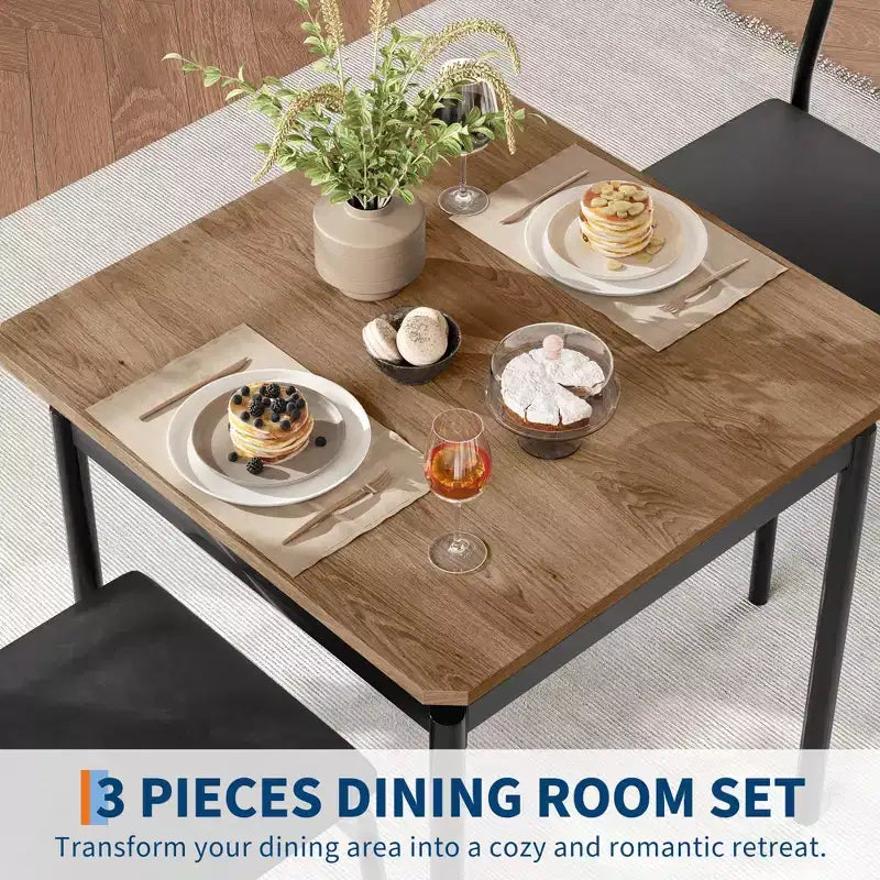 3 Piece Dining Table Set, with 2 PU Upholstered Chair