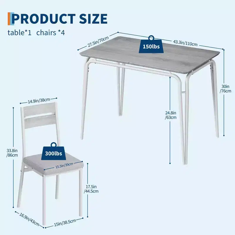5 Piece Dining Table Set for 4, Compact Square Table Chairs, Sturdy MDF Top, Metal Frame, Space-Saving Breakfast Set