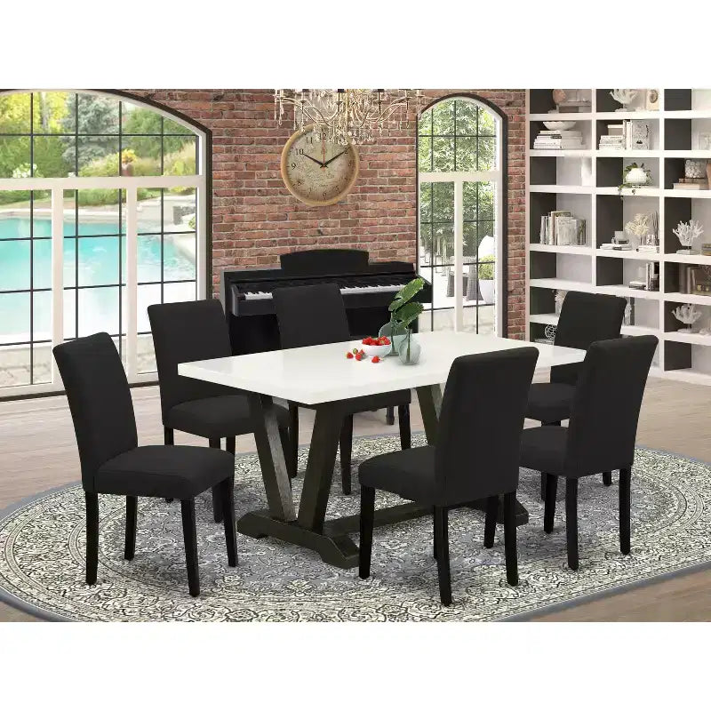 HomeStock Belmont 7-Piece Dining Set Includes 6 Kitchen Chairs with Upholstered Seat and High Back and a Rectangular Kitchen Table - Black Finish