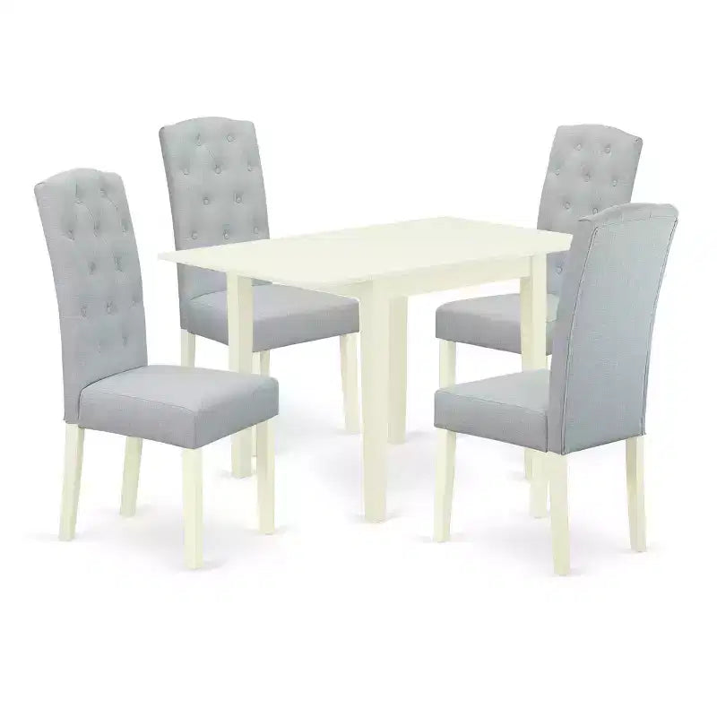 HomeStock Belmont eetset, 5-delig – 4 stoelen voor de eetkamer en een houten eettafel – linnenwitte afwerking, massief hout – babyblauwe linnen stof