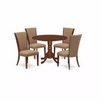 HomeStock Belmont Dining room table set of 4 kitchen chairs with Linen Fabric Light Sable color and a dining table with Mahogany Finish