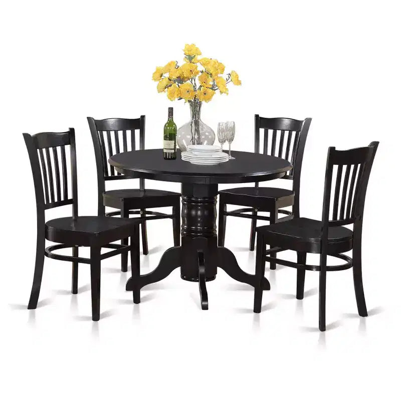 HomeStock Belmont 5-delige Keukentafel- en Stoelenset, Inclusief Ronde Eetkamertafel, Voetstuk, 4 Stoelen met Zittingen van Massief Hout, 42x42 Inch, Linnenwit
