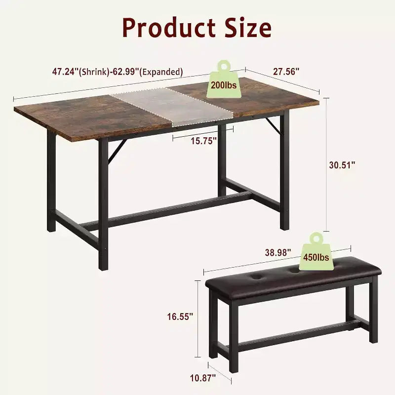 Farmhouse Extendable Dining Table Set for 4/ 6, Large Dining Table Set with Two Upholstered Benches, for Home, Dining room Rustic Brown